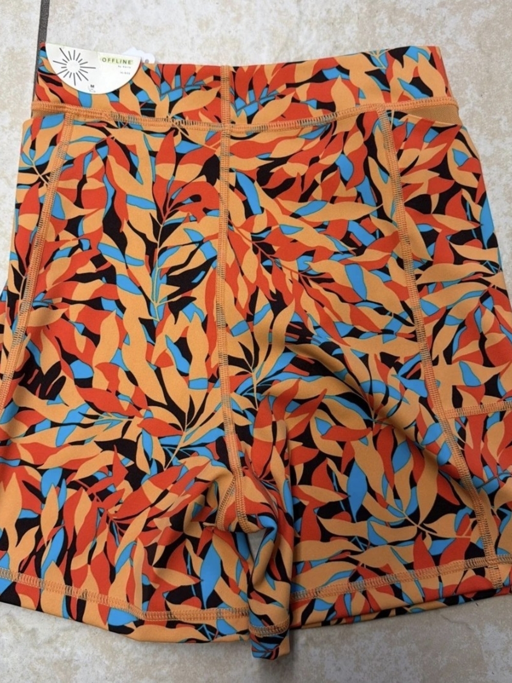 aerie Orange Multi Leaf-Print Bike Shorts with Blue Accents